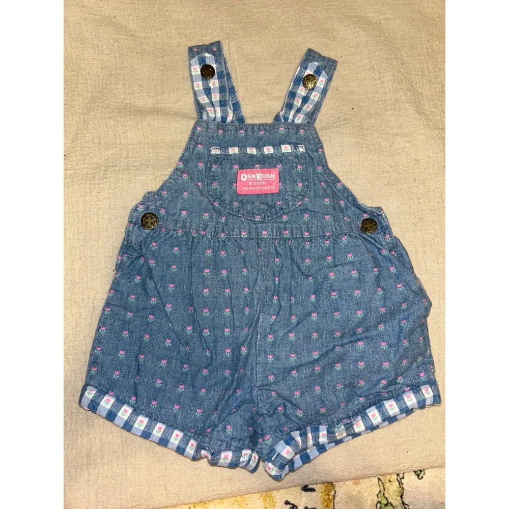 Vintage 80s OshKosh Bgosh Girls 2T Blue Floral Denim Shortalls Gingham‎ Toddler